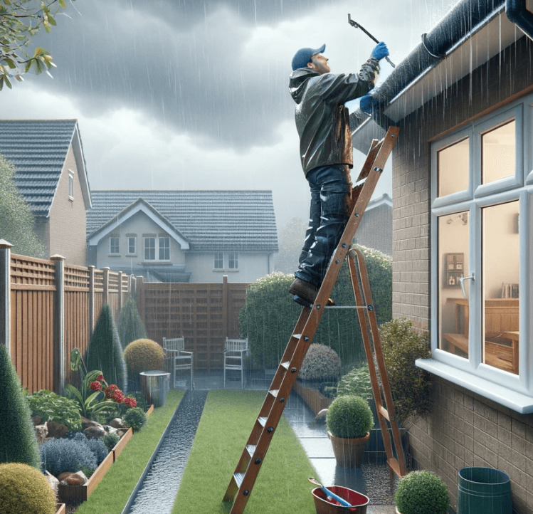 Man on ladder working on a house in the rain